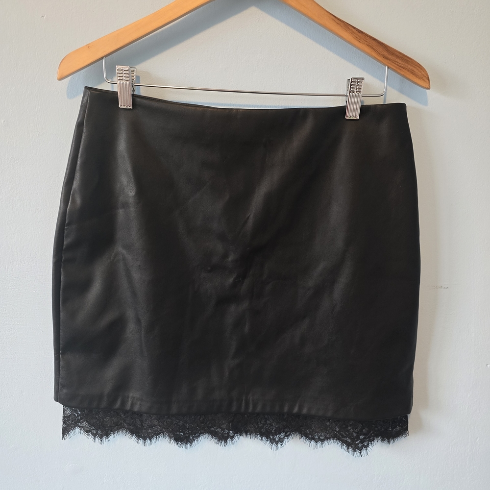 BCBG Genereation Faux Leather Black Lace Trim Skirt